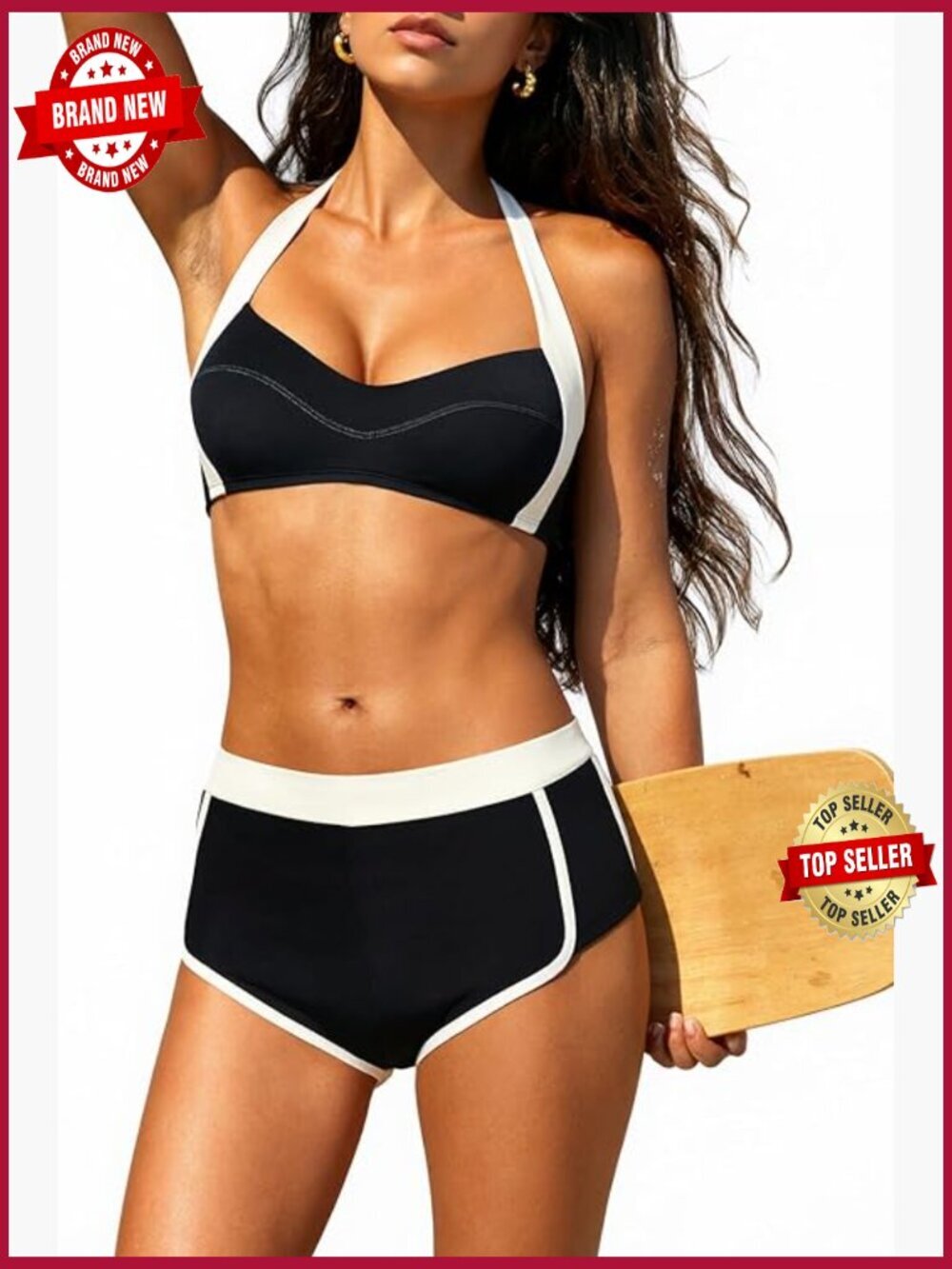 Women's Sporty Color Block Bikini Set with Boy Shorts Full Coverage Halter Swim